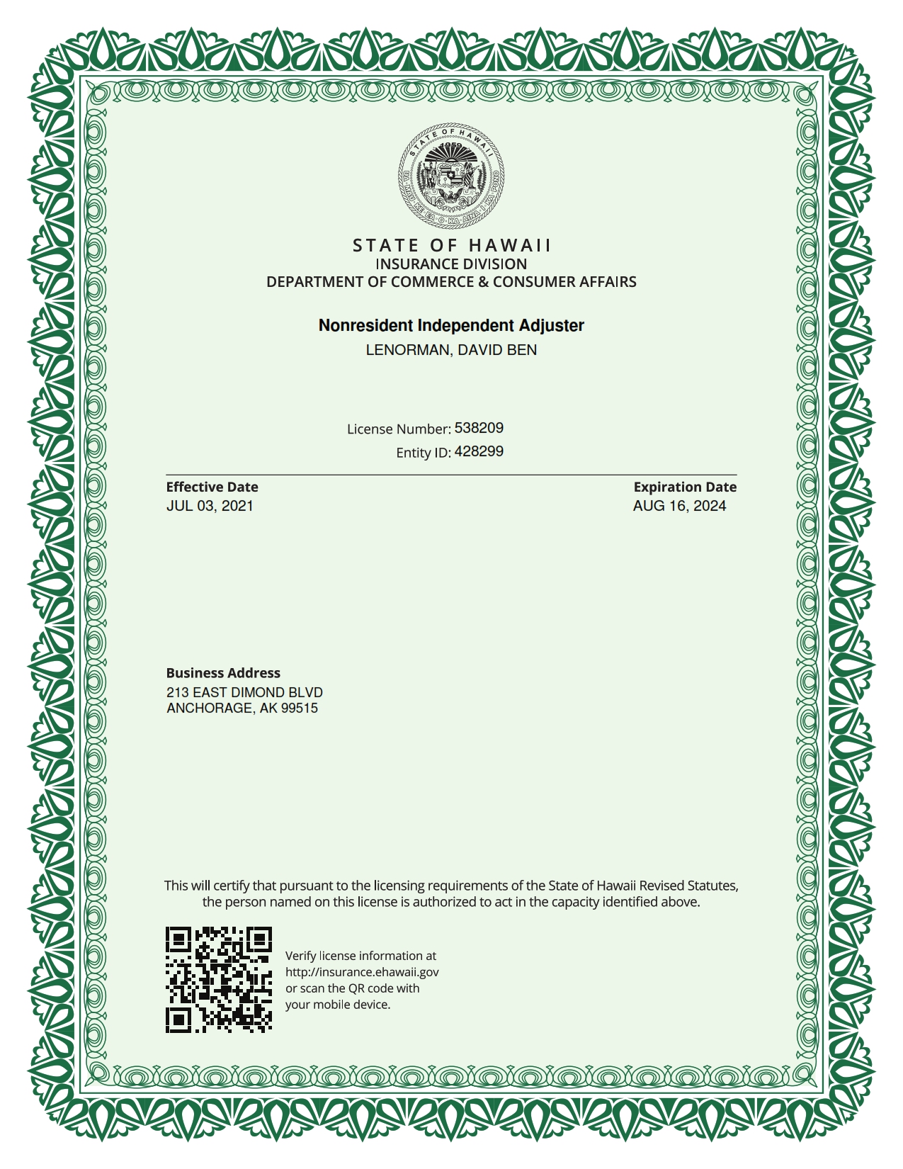 Hawaii License